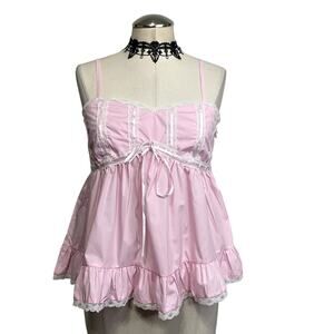 Pastel Lolita Lace Pink Babydoll Coquette Cute Milkmaid Ruffle Camisole Top sz M